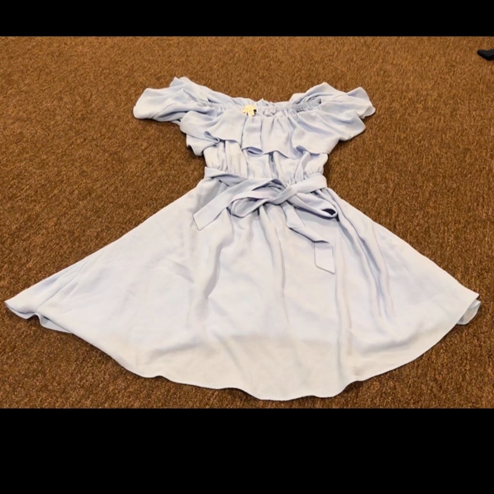 EUC Miss Selfridge mini tea dress belted baby blue lined flare short sleeve Sz 0